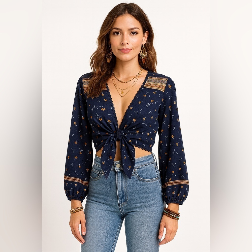 Triple Seven Navy Floral Tie Front Top Boho Cottagecore Bell Sleeve Blouse